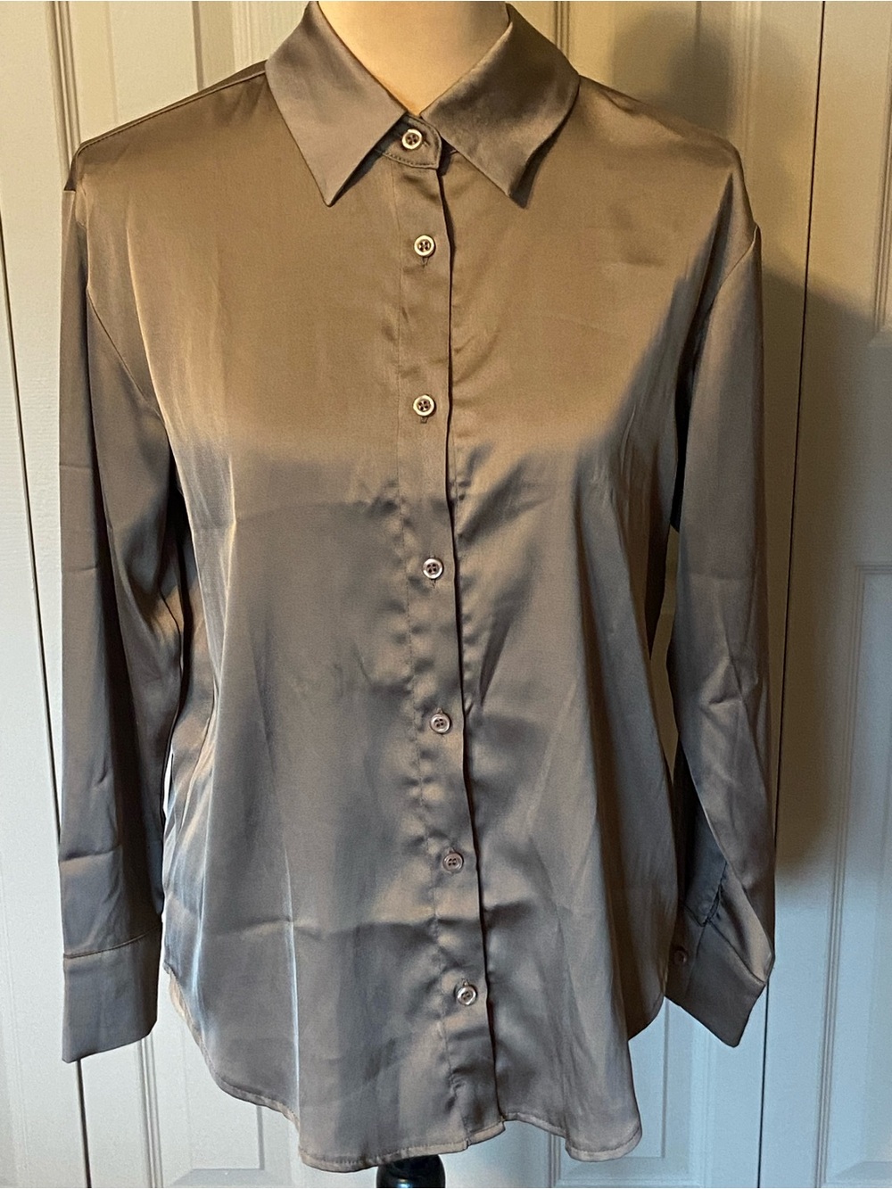 Atnlewhi Women's Long Sleeve Button Down Shiny Brown Satin Blouse Size Small
